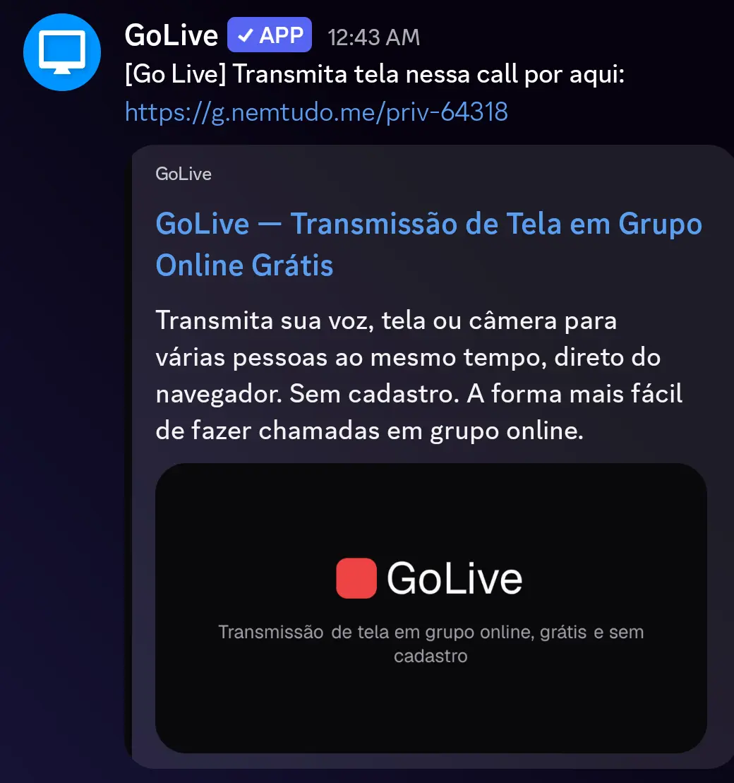 Mensagem do bot GoLive no chat da call do Discord, com o link da sala e o preview do site